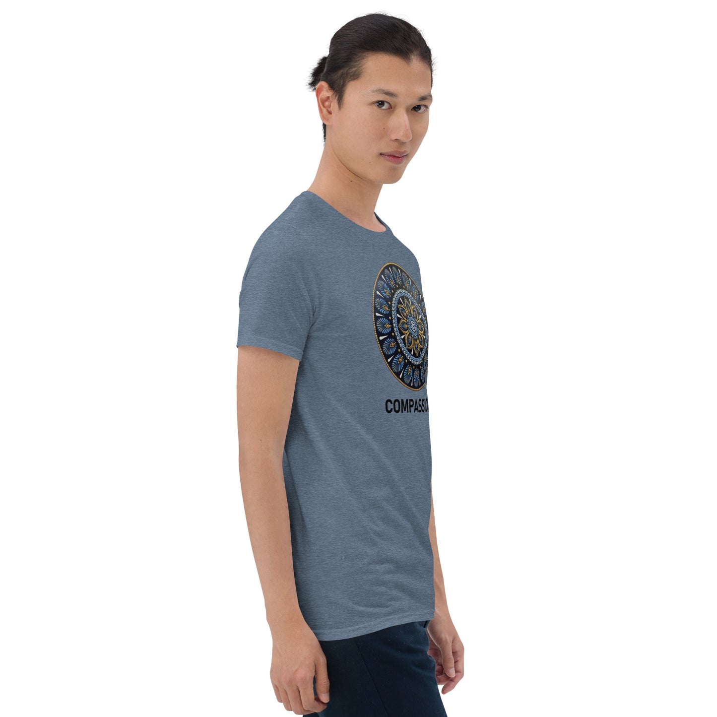 Unisex Softstyle T-Shirt (mandala with gold rim | on front | COMPASSION in black lettering)