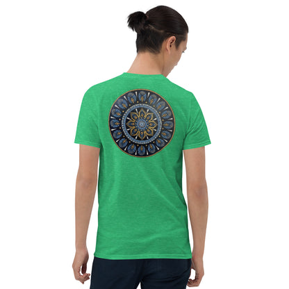Unisex Softstyle T-Shirt (mandala with gold rim on back | PROTECTION in black lettering on front)