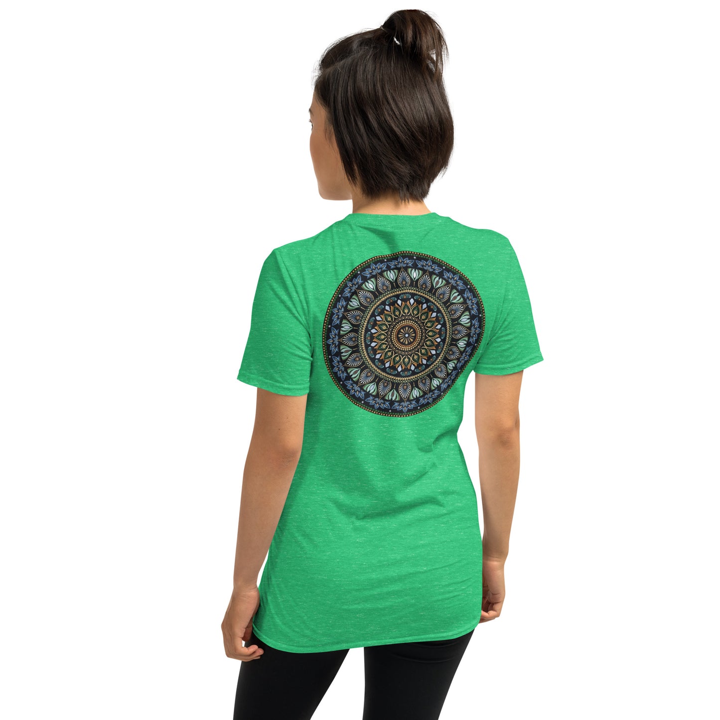 Unisex Softstyle T-Shirt (mandala green and gold rim on back | GRATITUDE in black lettering on front)