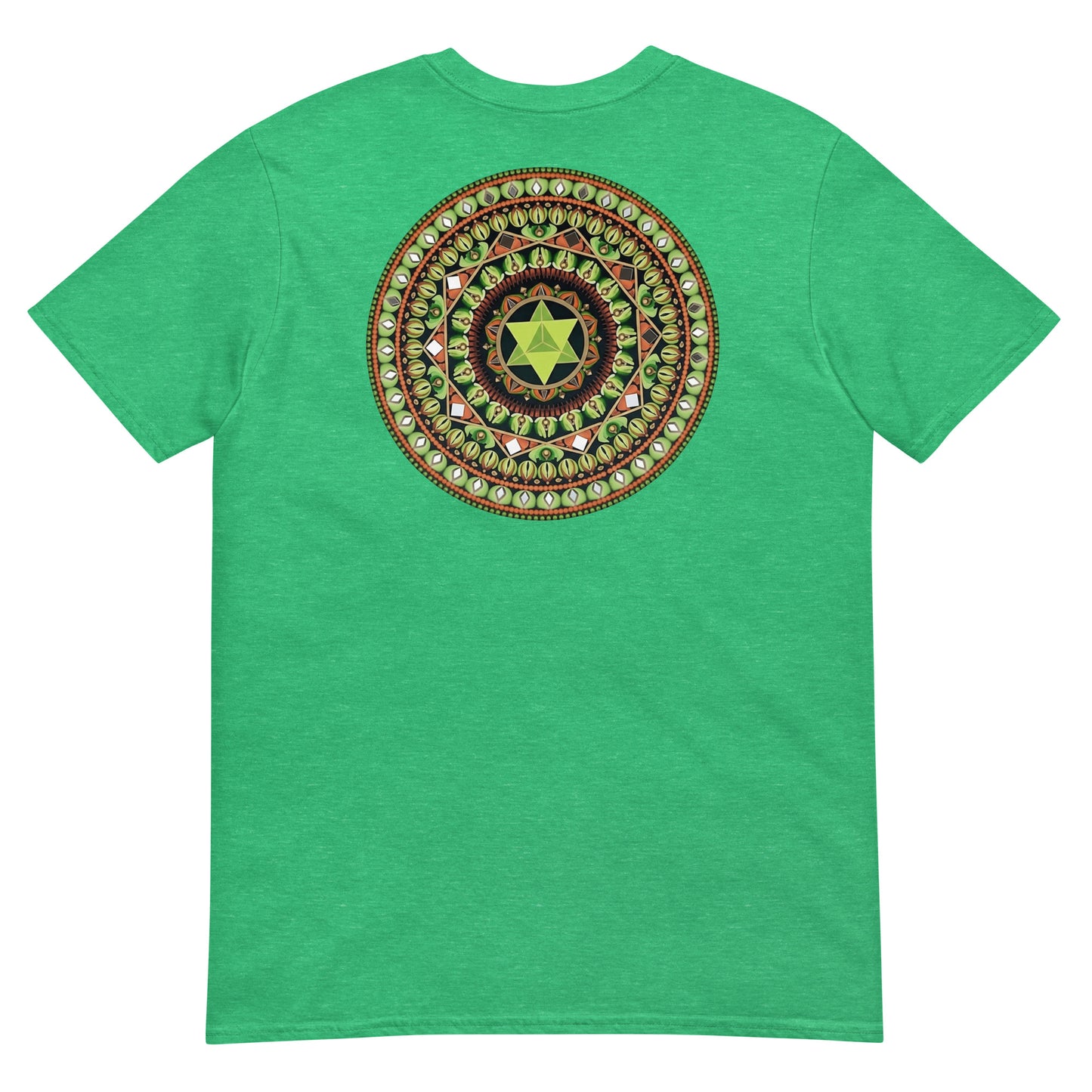 Unisex Softstyle T-Shirt (mandala with green star on back | HARMONY in black lettering on front)