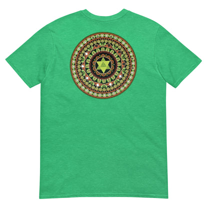 Unisex Softstyle T-Shirt (mandala with green star on back | HARMONY in black lettering on front)