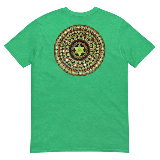 Unisex Softstyle T-Shirt (mandala with green star on back | HARMONY in black lettering on front)