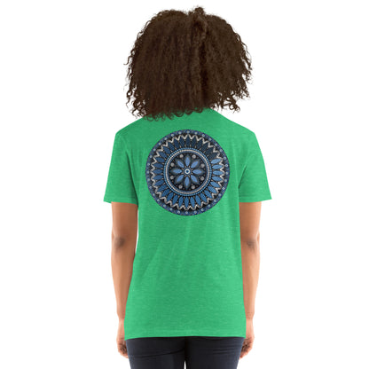 Unisex Softstyle T-Shirt (mandala with blue and white core on back | SERENITY in black lettering on front)