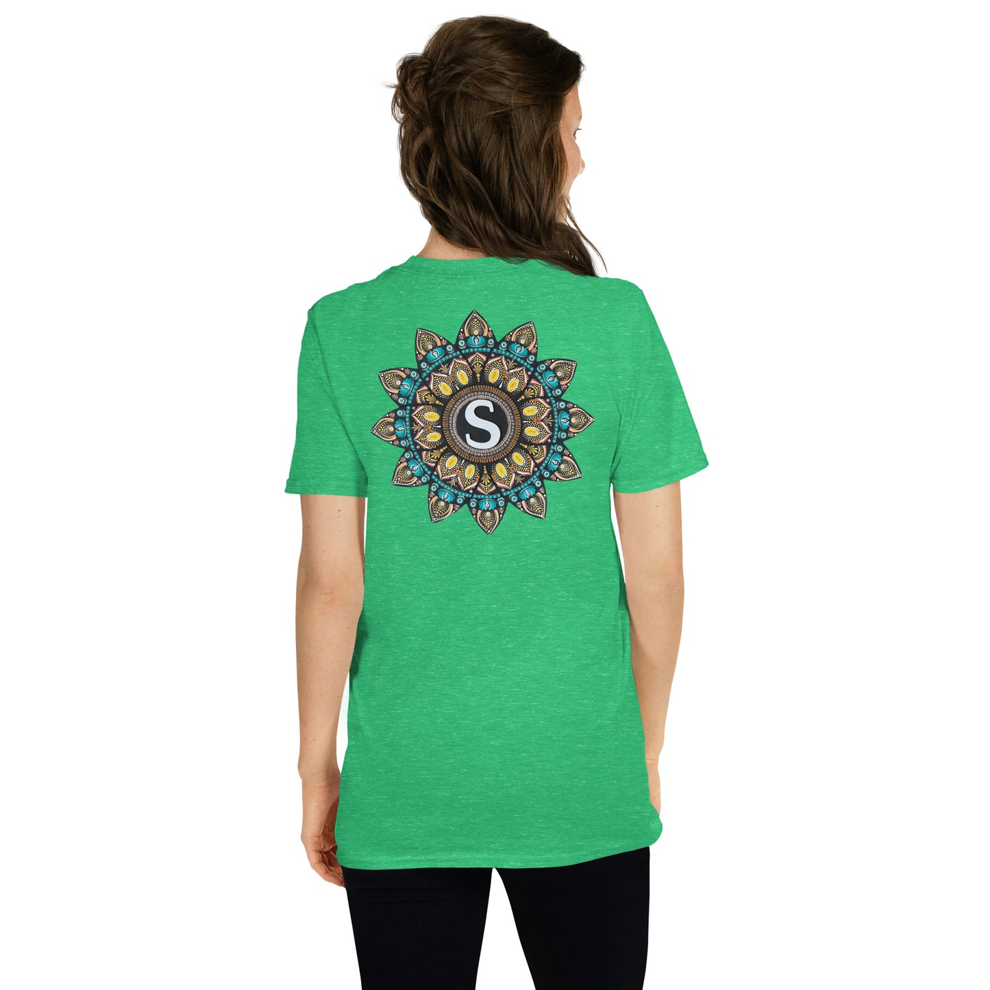 Unisex Softstyle T-Shirt (mandala with "S" in core on back | SHINE in black lettering on front)