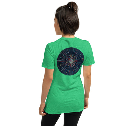 Unisex Softstyle T-Shirt (mandala with streams of light on back | EXPANSION in black lettering on front)