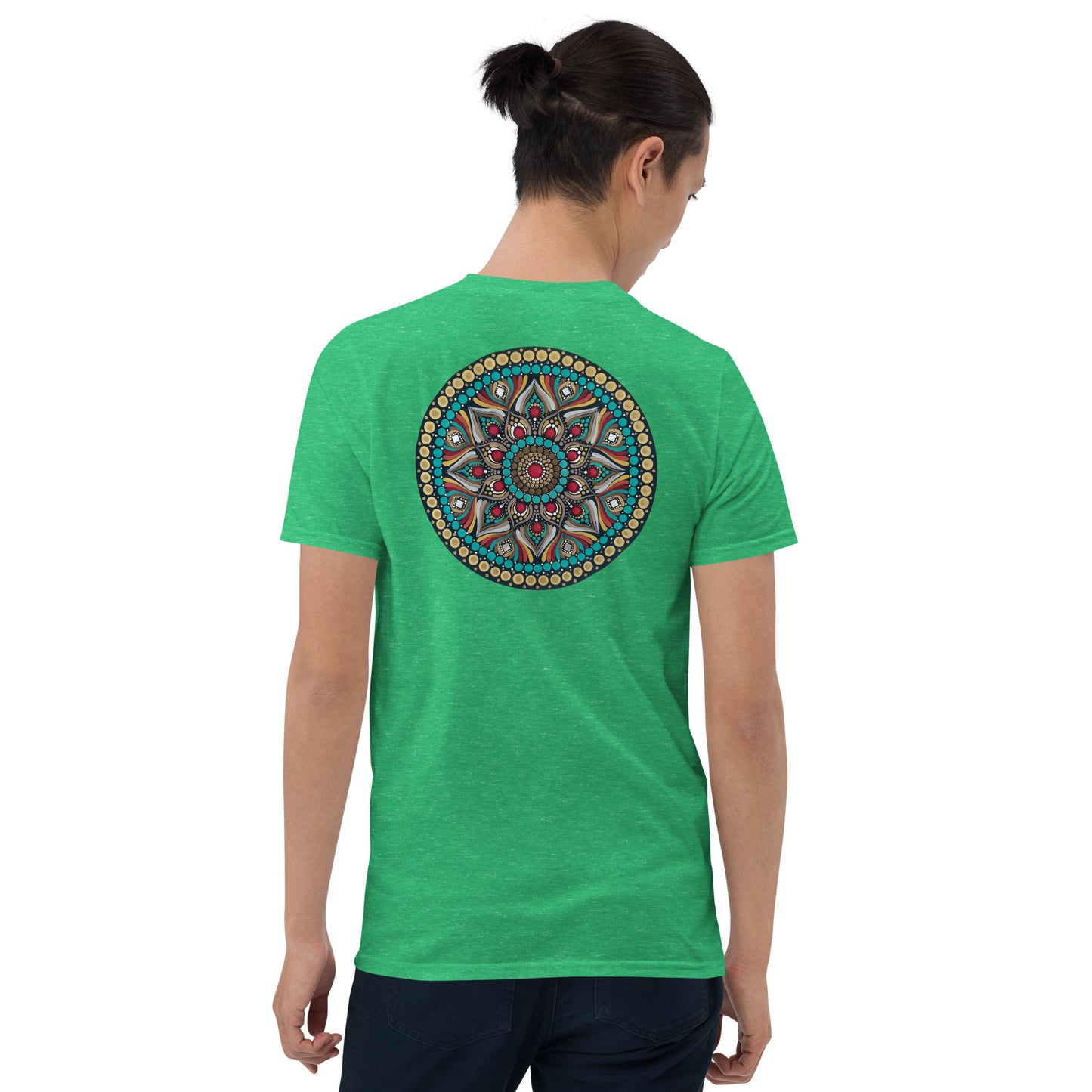 Unisex Softstyle T-Shirt (mandala with red core on back | PURPOSE in black lettering on front)