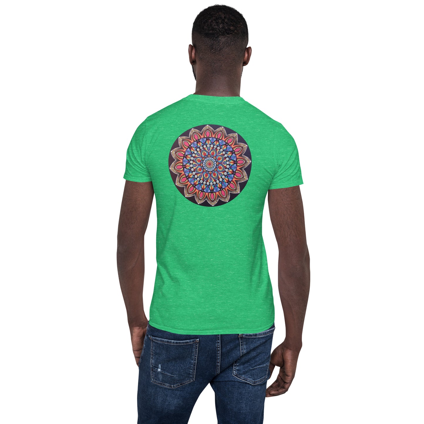 Unisex Softstyle T-Shirt (mandala with pink petals on back | VITALITY in black lettering on front)