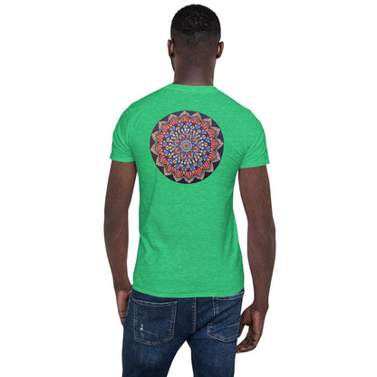 Unisex Softstyle T-Shirt (mandala with pink petals on back | VITALITY in black lettering on front)