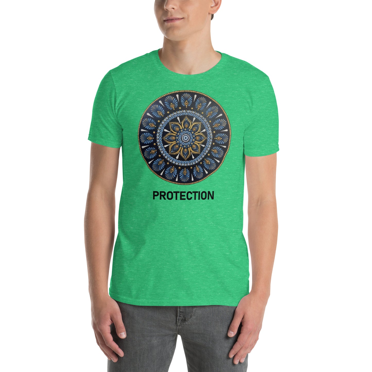 Unisex Softstyle T-Shirt (mandala with gold rim on front | PROTECTION in black lettering)