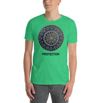 Unisex Softstyle T-Shirt (mandala with gold rim on front | PROTECTION in black lettering)