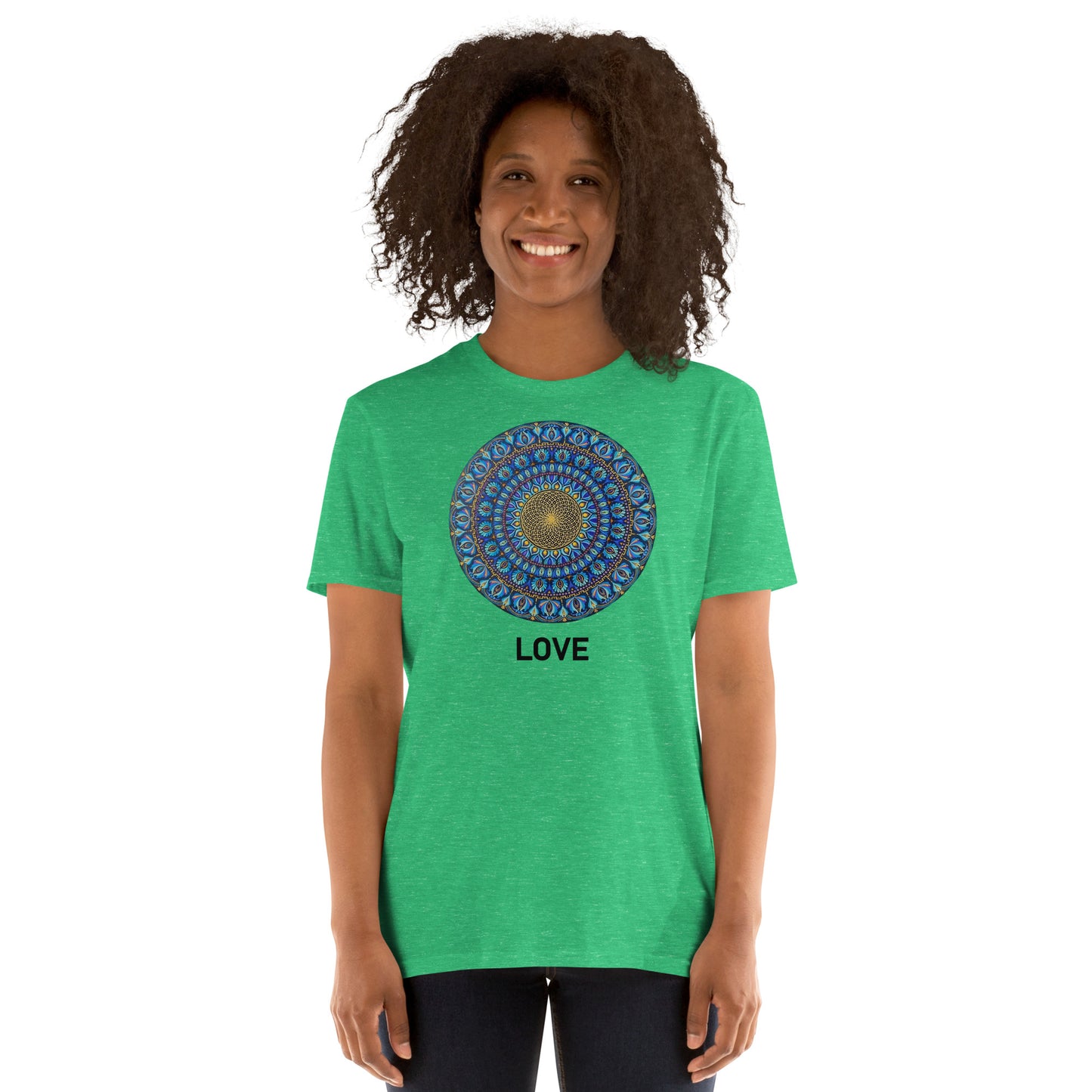 Unisex Softstyle T-Shirt (mandala with golden core | on front | LOVE in black lettering)