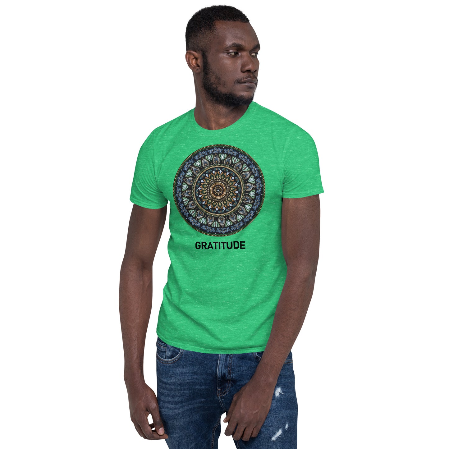 Unisex Softstyle T-Shirt (mandala green and gold rim | on front | GRATITUDE in black lettering)