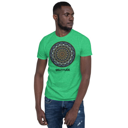 Unisex Softstyle T-Shirt (mandala green and gold rim | on front | GRATITUDE in black lettering)