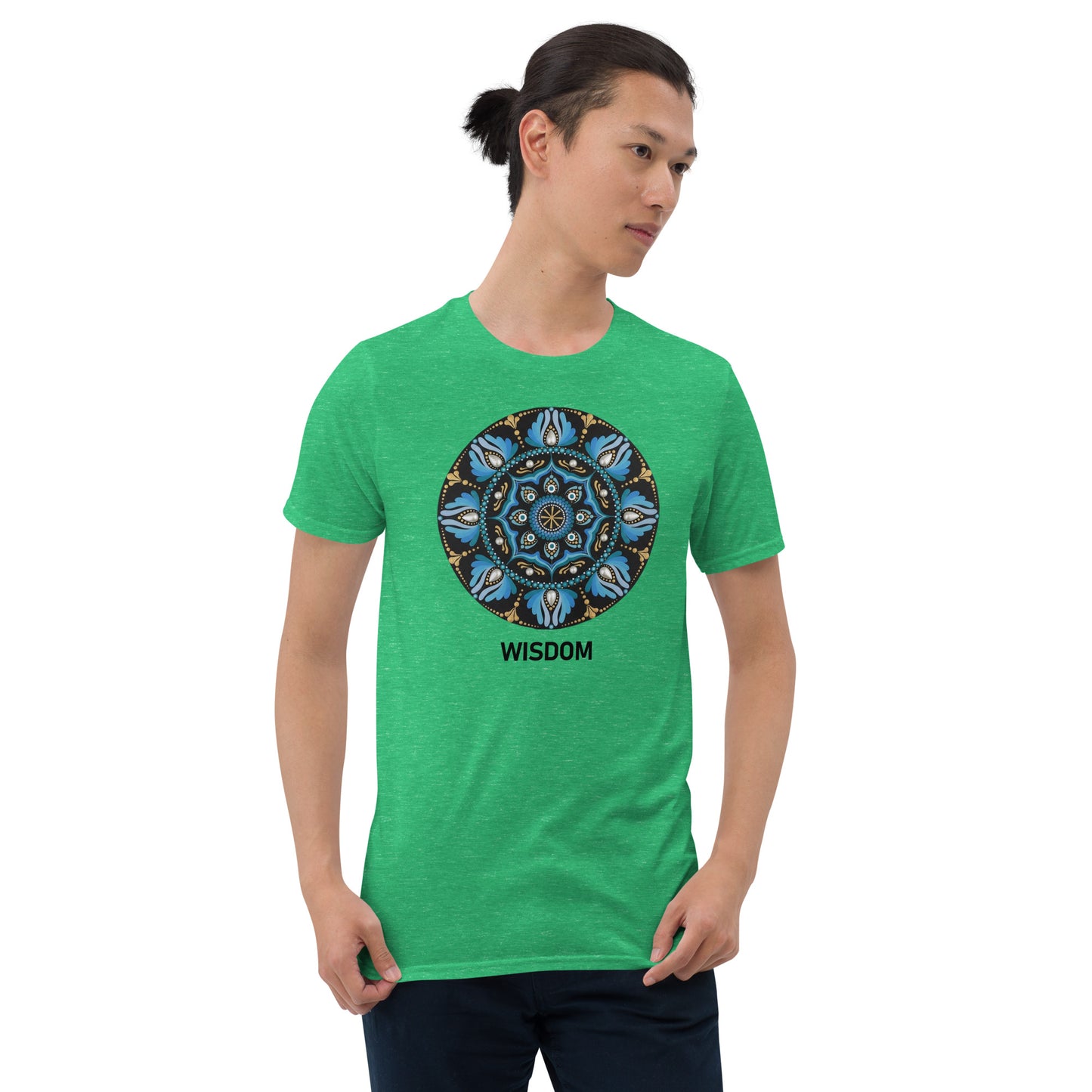Unisex Softstyle T-Shirt (mandala with spokes in core | on front | WISDOM in black lettering)