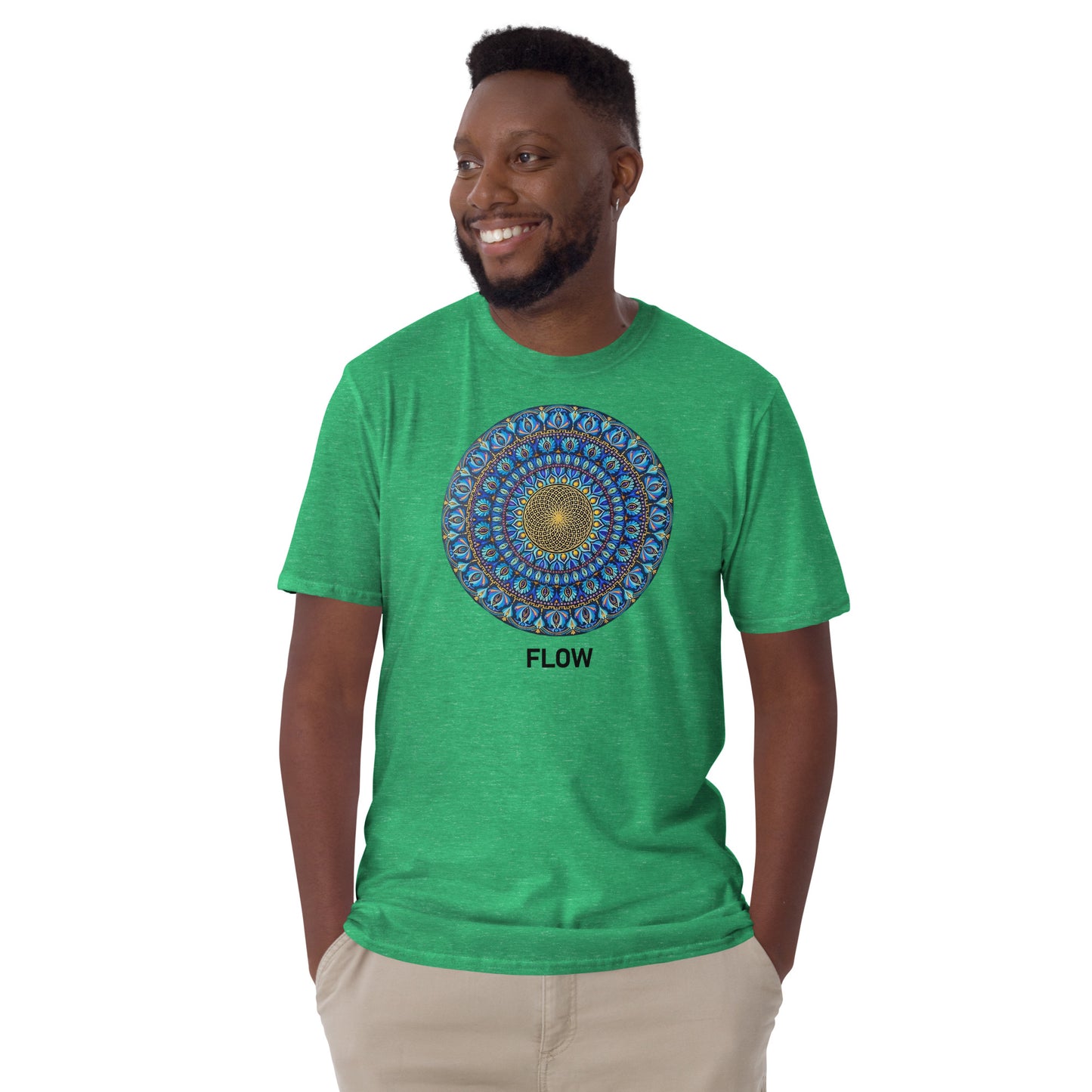 Unisex Softstyle T-Shirt (mandala with golden core | on front | FLOW in black lettering)