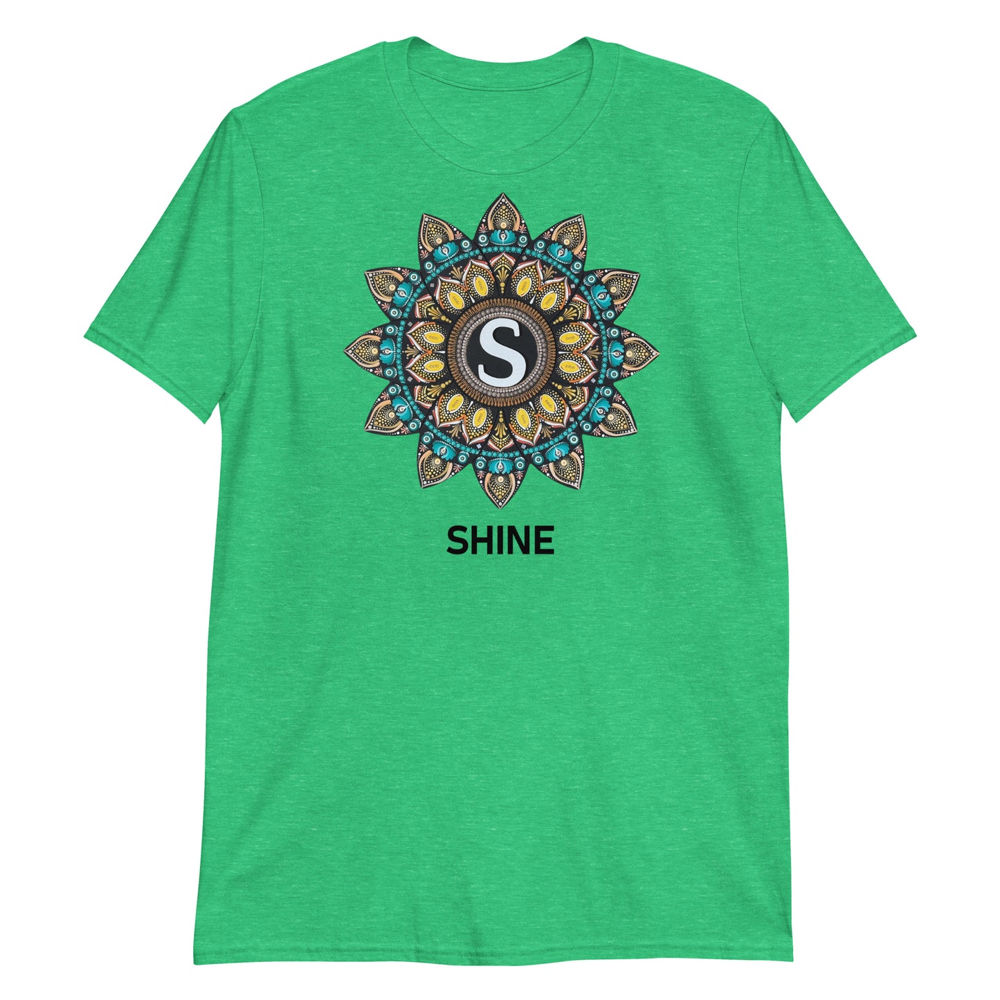 Unisex Softstyle T-Shirt (mandala with "S" in core | on front | SHINE in black lettering)