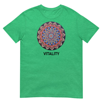 Unisex Softstyle T-Shirt (mandala with pink petals | on front | VITALITY in black lettering)