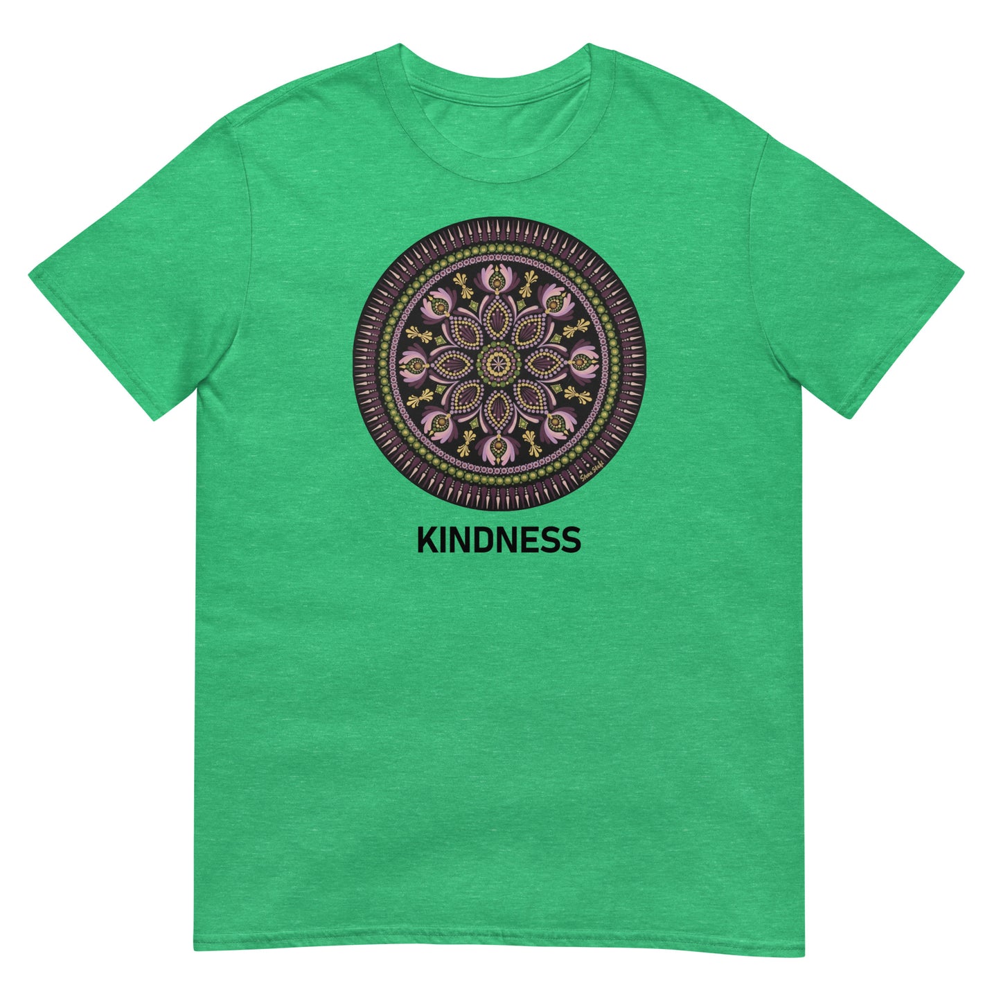 Unisex Softstyle T-Shirt (mandala with magenta rim | on front | KINDNESS in black lettering)