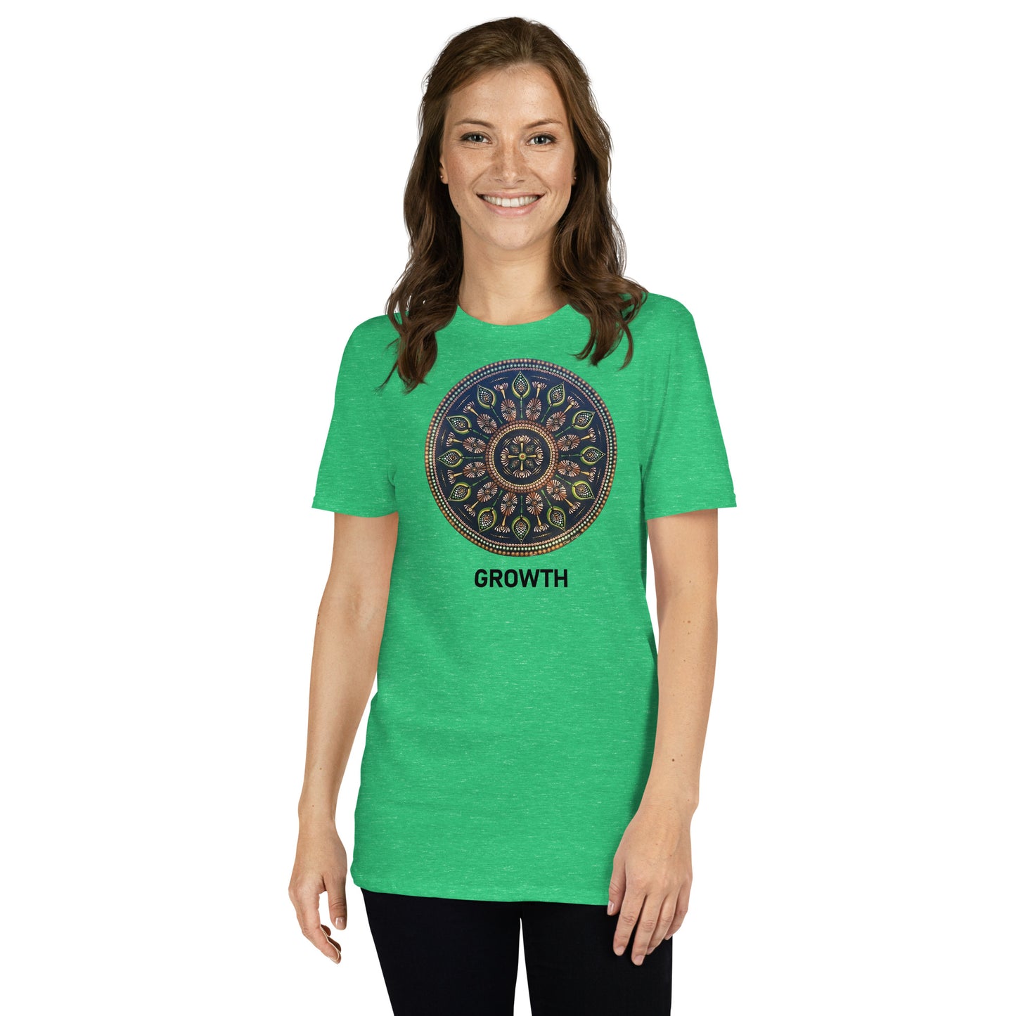 Unisex Softstyle T-Shirt (mandala with cross in the core | on front | GROWTH in black lettering)
