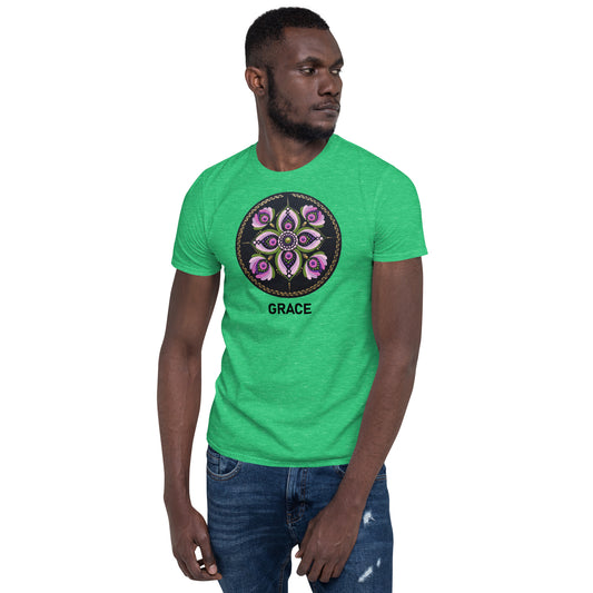 Unisex Softstyle T-Shirt (mandala with purple petals | on front | GRACE in black lettering)