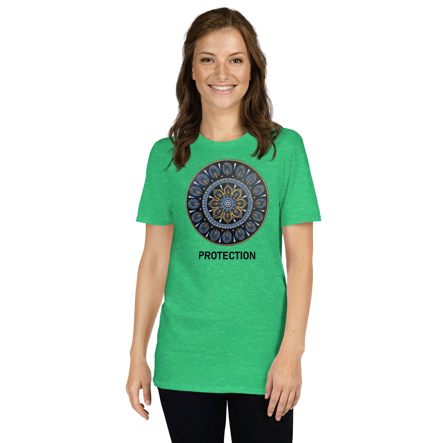 Unisex Softstyle T-Shirt (mandala with gold outer rim | on front | PROTECTION in black lettering)
