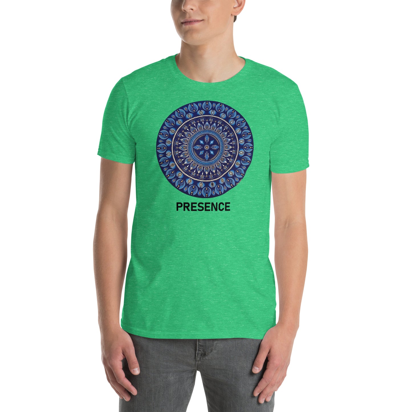 Unisex Softstyle T-Shirt (mandala with 4 diamonds | on front | PRESENCE in black lettering)
