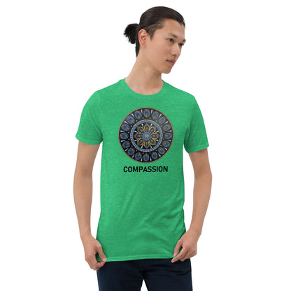 Unisex Softstyle T-Shirt (mandala with gold rim | on front | COMPASSION in black lettering)