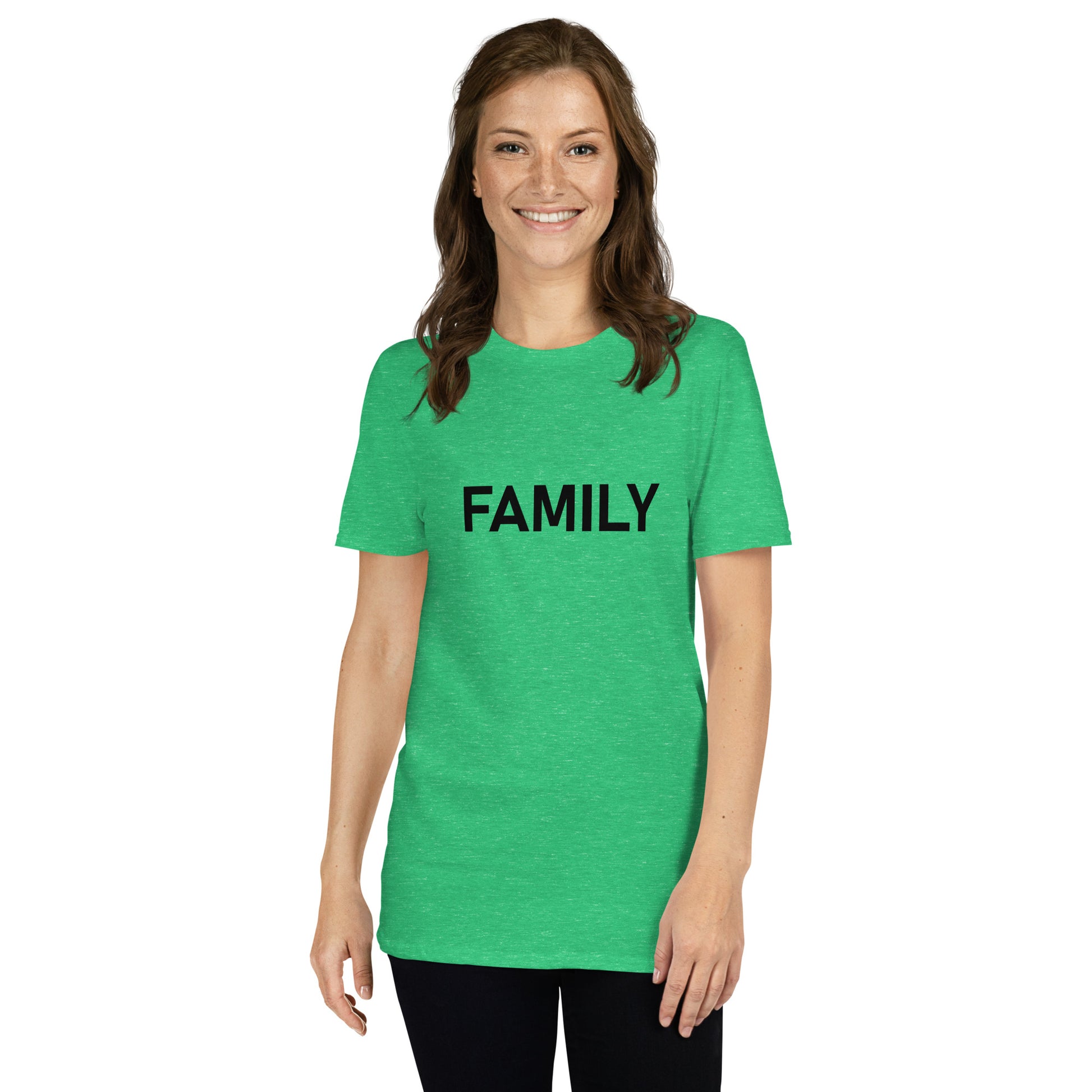 Unisex Softstyle T-Shirt (mandala with 3 loops in core on back | FAMILY in black lettering on front)