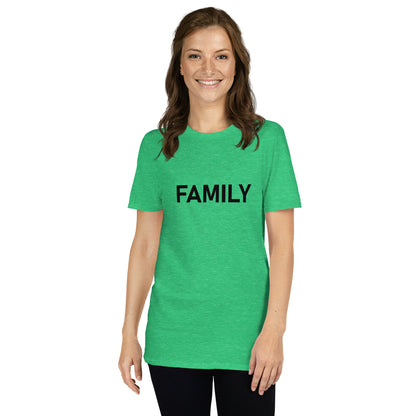 Unisex Softstyle T-Shirt (mandala with 3 loops in core on back | FAMILY in black lettering on front)