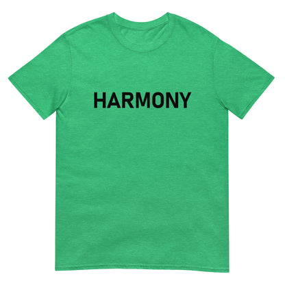 Unisex Softstyle T-Shirt (mandala with green star on back | HARMONY in black lettering on front)
