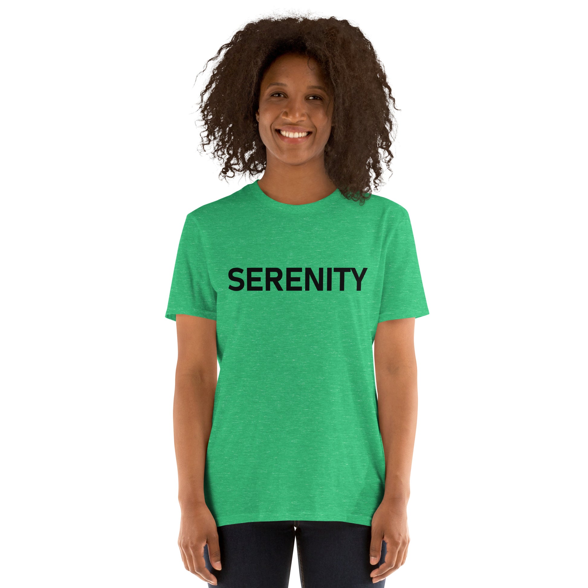 Unisex Softstyle T-Shirt (mandala with blue and white core on back | SERENITY in black lettering on front)