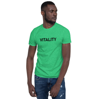 Unisex Softstyle T-Shirt (mandala with pink petals on back | VITALITY in black lettering on front)