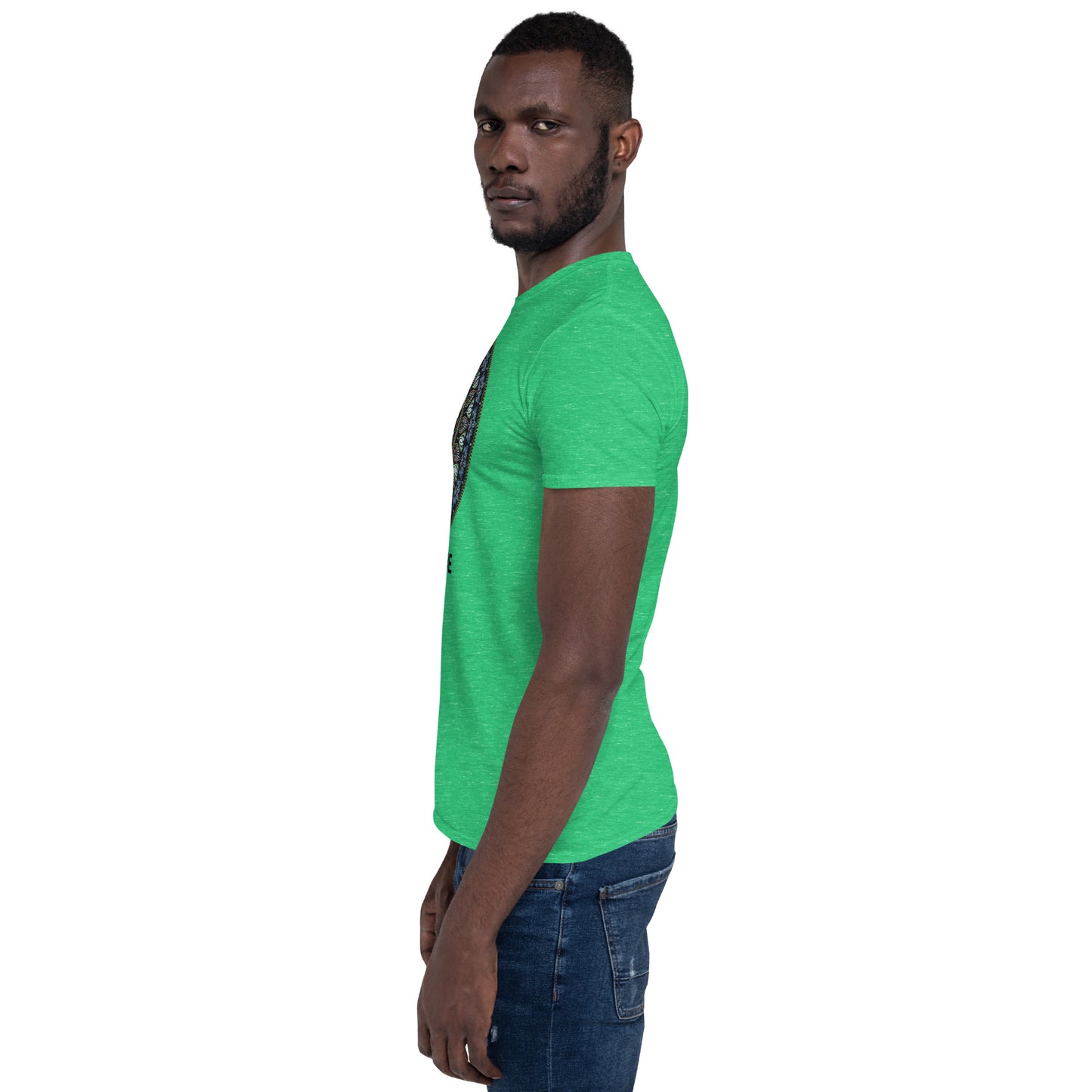 Unisex Softstyle T-Shirt (mandala green and gold rim | on front | GRATITUDE in black lettering)