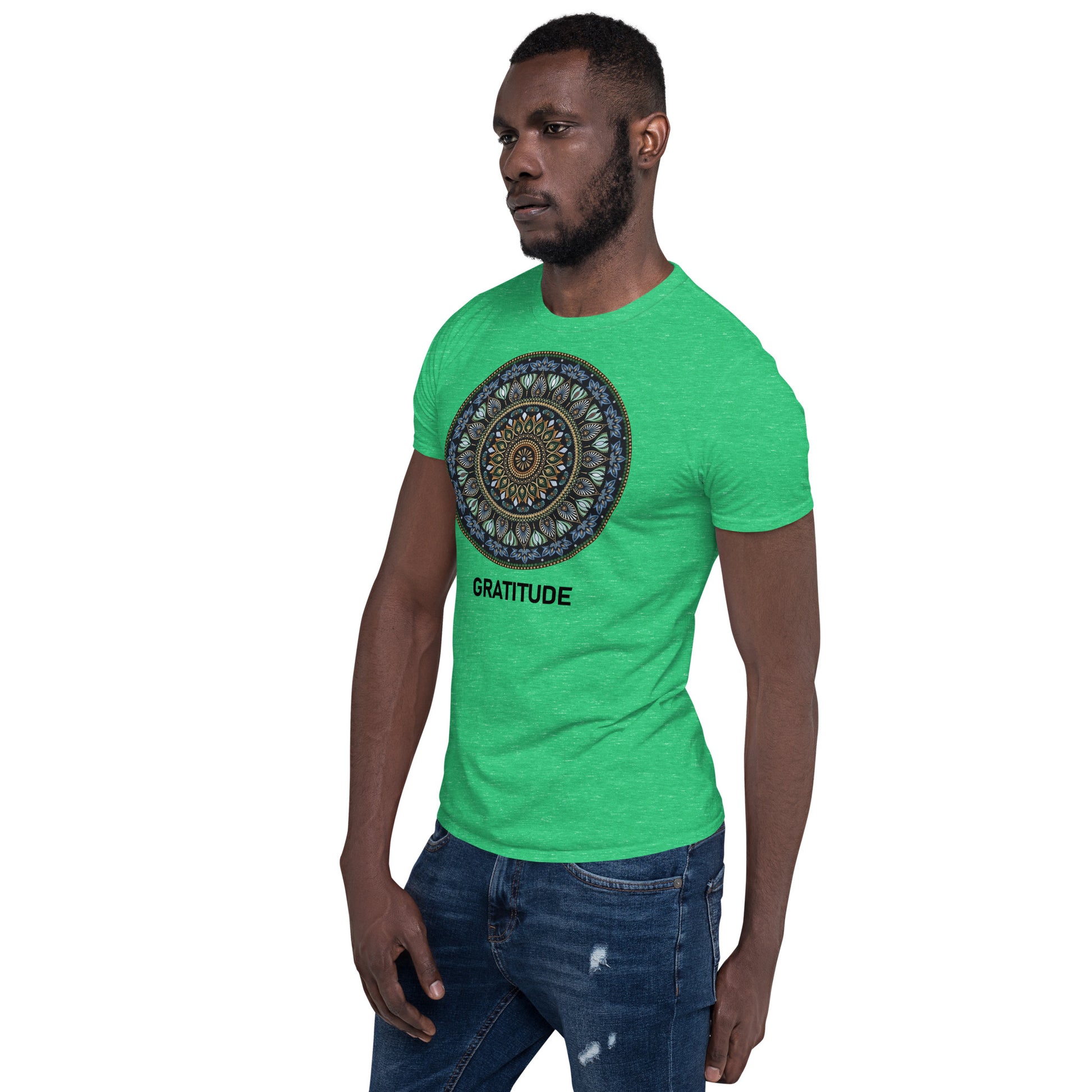 Unisex Softstyle T-Shirt (mandala green and gold rim | on front | GRATITUDE in black lettering)
