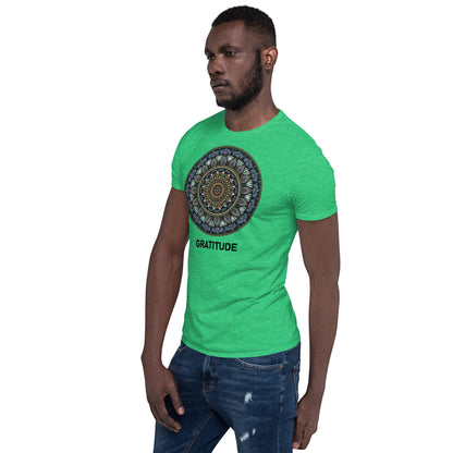 Unisex Softstyle T-Shirt (mandala green and gold rim | on front | GRATITUDE in black lettering)