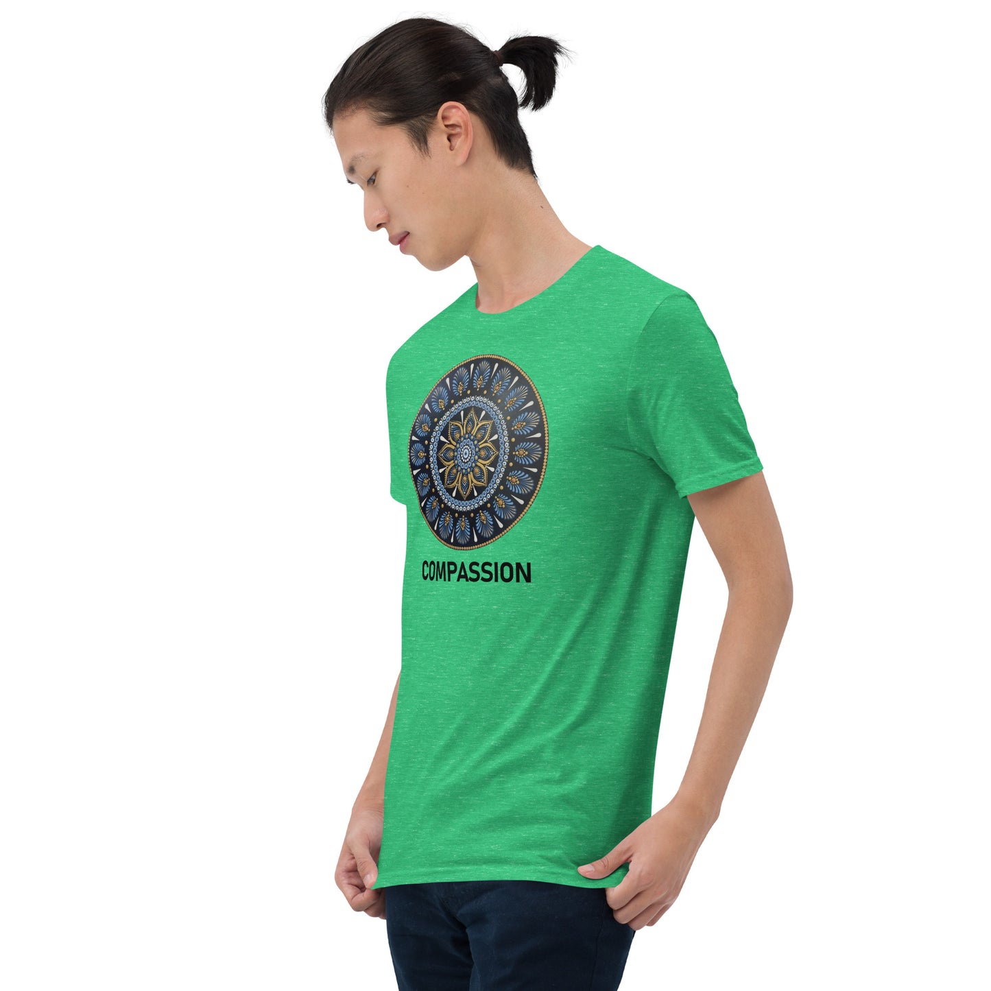 Unisex Softstyle T-Shirt (mandala with gold rim | on front | COMPASSION in black lettering)