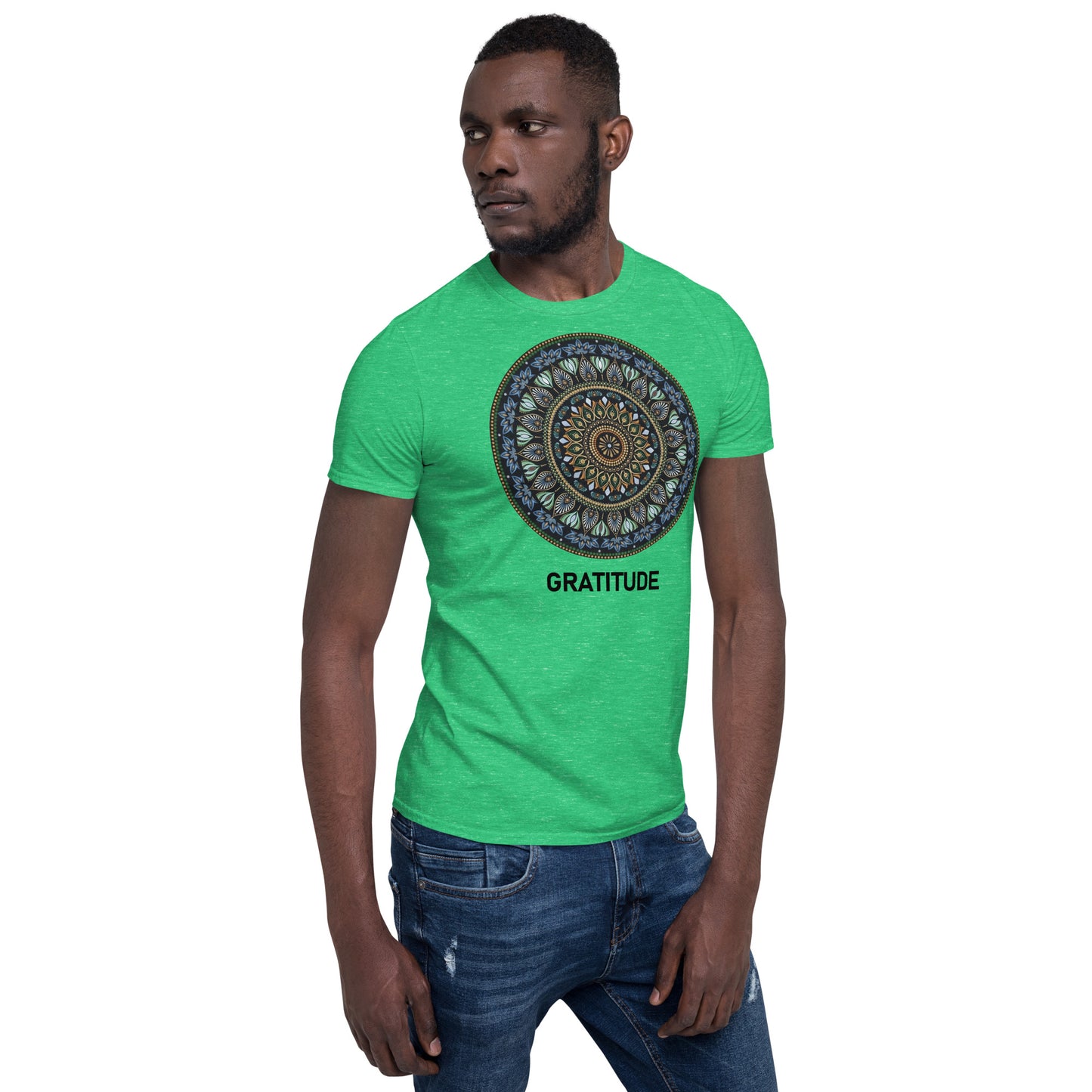 Unisex Softstyle T-Shirt (mandala green and gold rim | on front | GRATITUDE in black lettering)