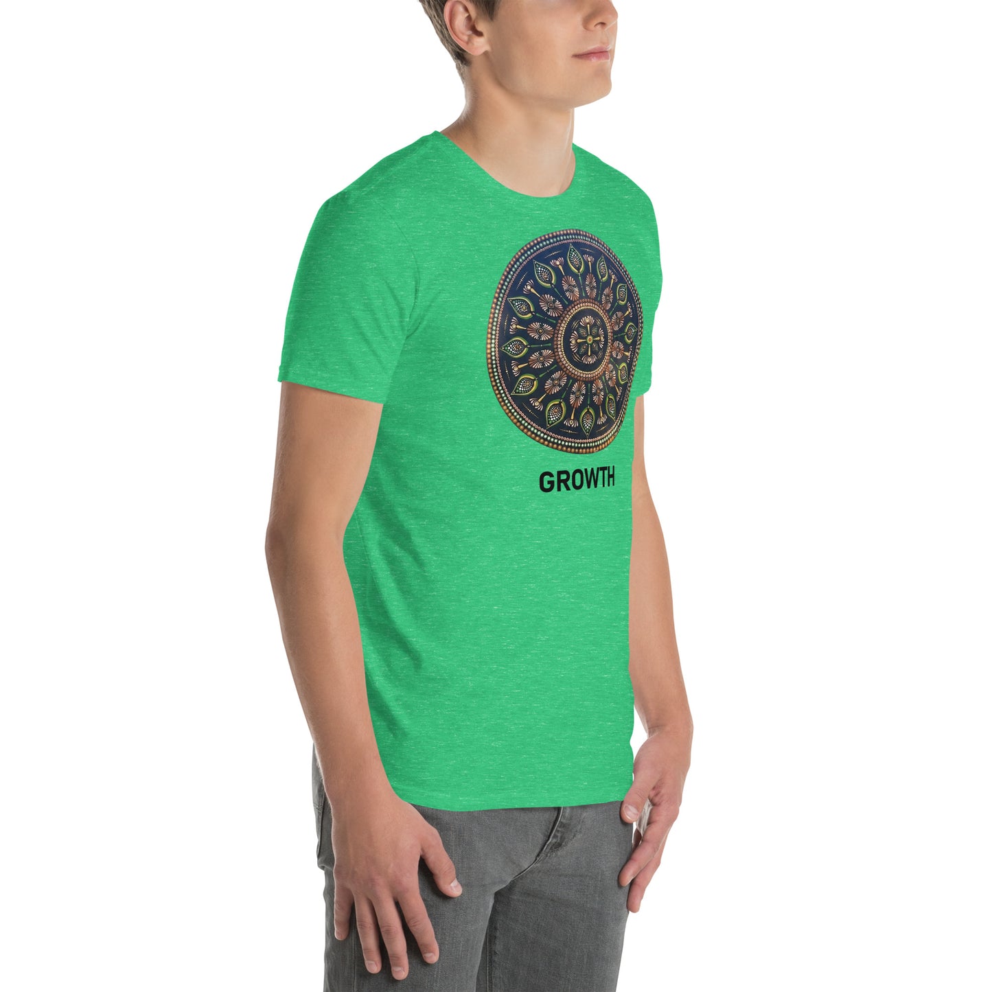 Unisex Softstyle T-Shirt (mandala with cross in the core | on front | GROWTH in black lettering)