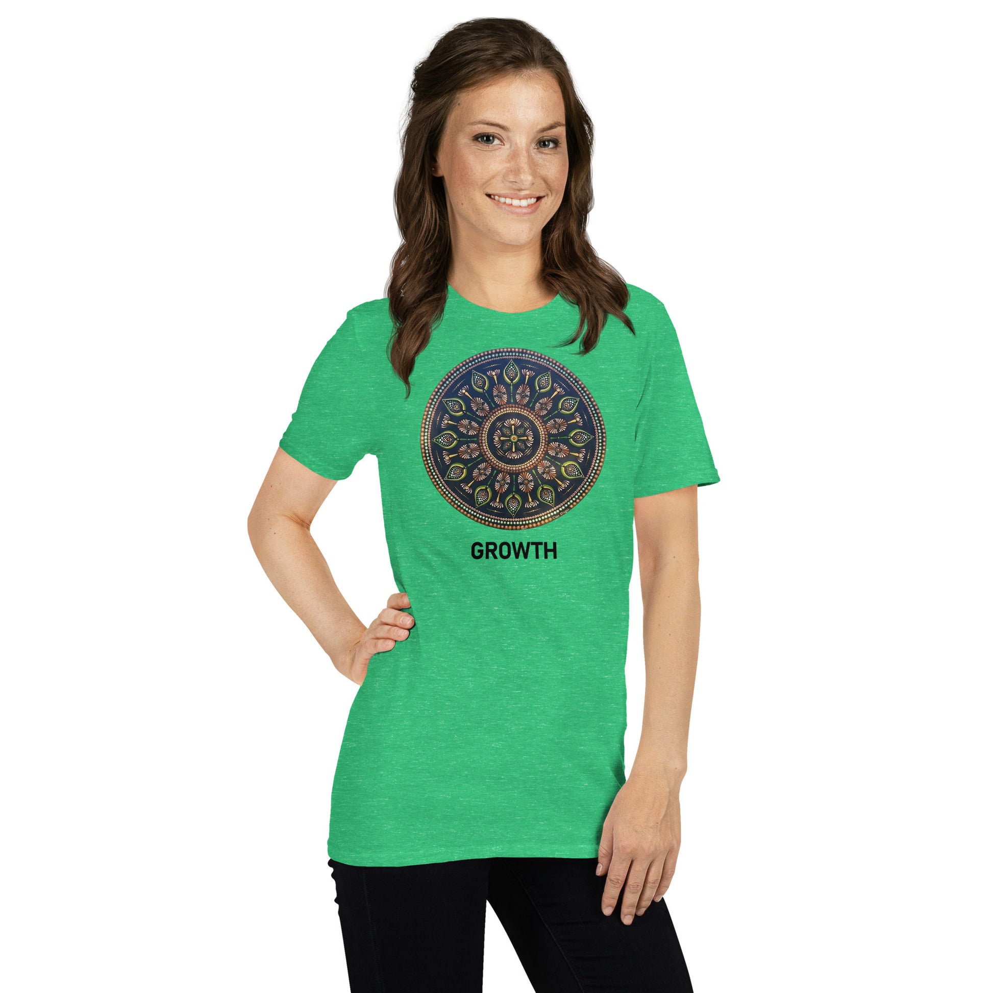 Unisex Softstyle T-Shirt (mandala with cross in the core | on front | GROWTH in black lettering)