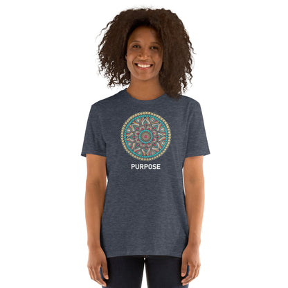 Unisex Softstyle T-Shirt (mandala with red core on front | PURPOSE in white lettering)