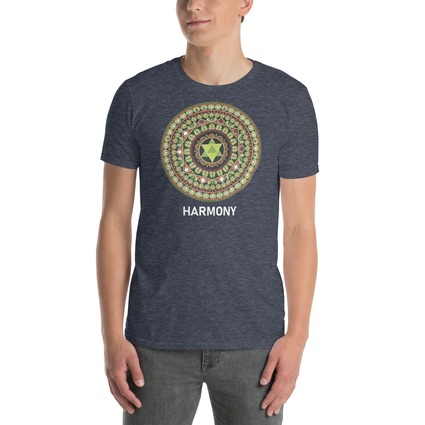 Unisex Softstyle T-Shirt (mandala with green star | on front | HARMONY in white lettering)