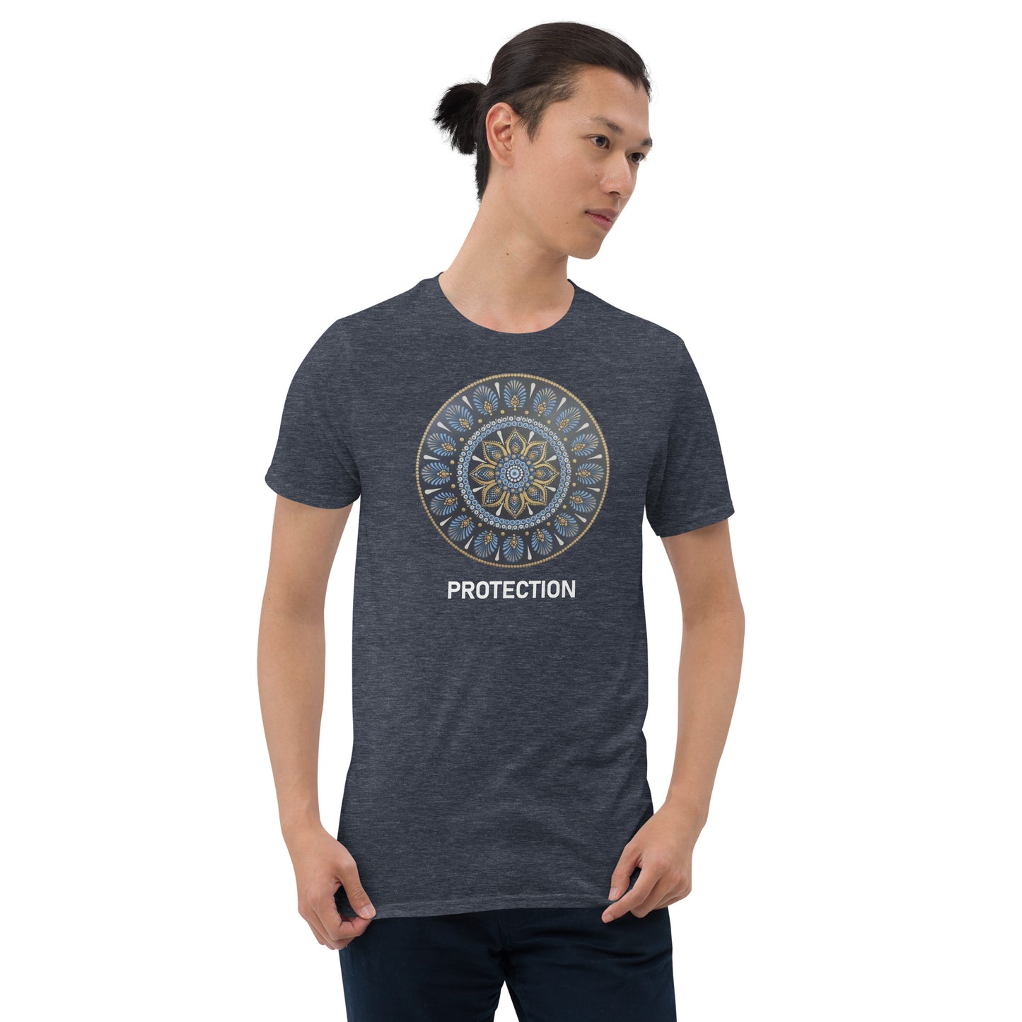 Unisex Softstyle T-Shirt (mandala with gold outer rim | on front | PROTECTION in white lettering)