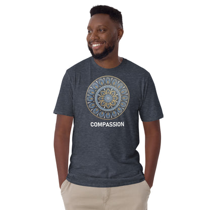 Unisex Softstyle T-Shirt (mandala with gold rim | on front | COMPASSION in white lettering)