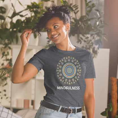 Unisex Softstyle T-Shirt (mandala with blue dots and black back | on front | MINDFULNESS in white lettering)
