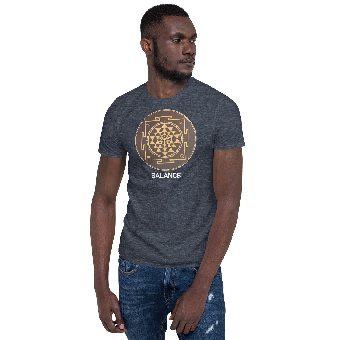 Unisex Softstyle T-Shirt (brown and gold mandala | on front | BALANCE in white lettering)