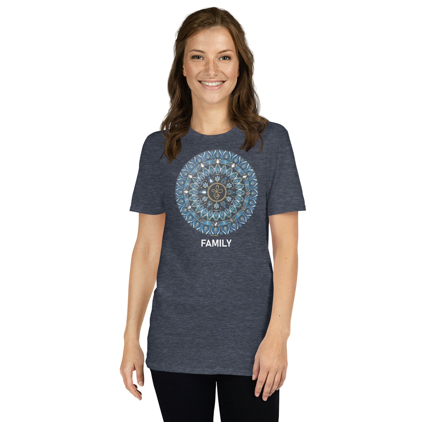 Unisex Softstyle T-Shirt (mandala with 3 loops in core | on front | FAMILY in white lettering)