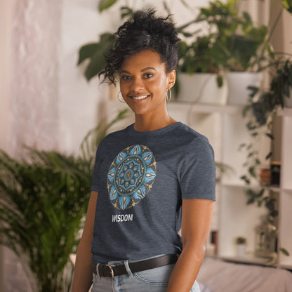 Unisex Softstyle T-Shirt (mandala with spokes in core on front | WISDOM in white lettering)