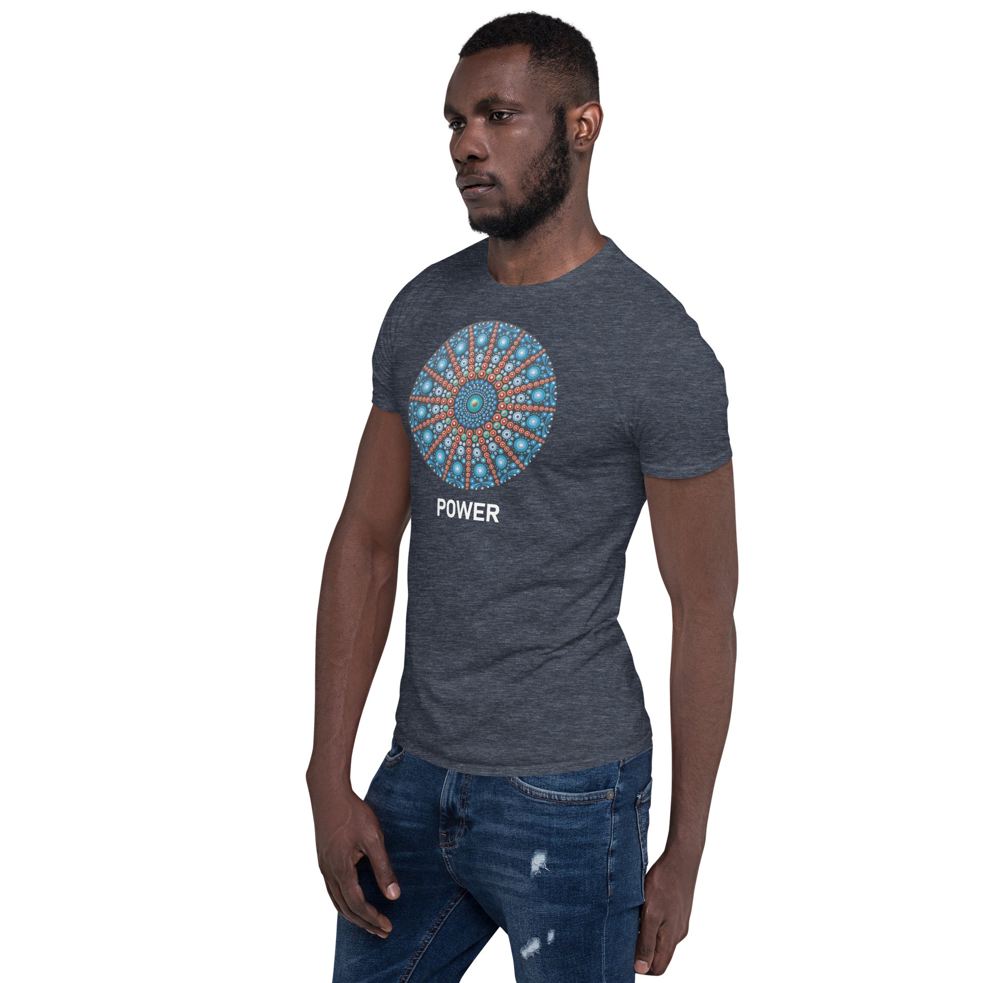 Unisex Softstyle T-Shirt (mandala with red lines | on front | POWER in white lettering)