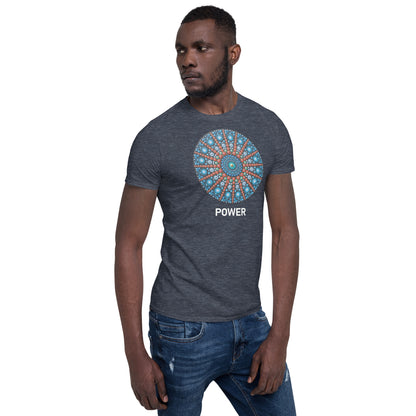 Unisex Softstyle T-Shirt (mandala with red lines | on front | POWER in white lettering)