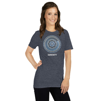 Unisex Softstyle T-Shirt (mandala with blue and white core | on front | SERENITY in white lettering)